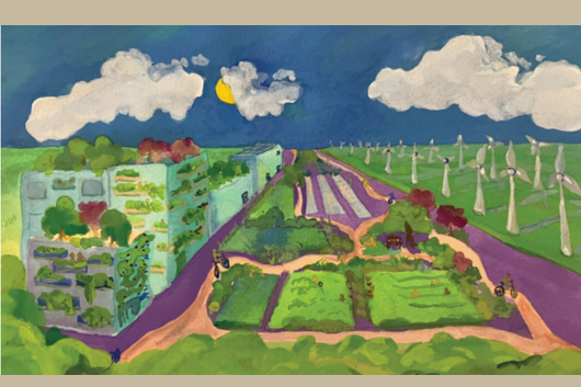 Art showing windmills, green buildings, fields and a solar farm